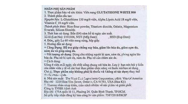 Glutathione White 800 làm trắng da, giảm nám chai 60 viên