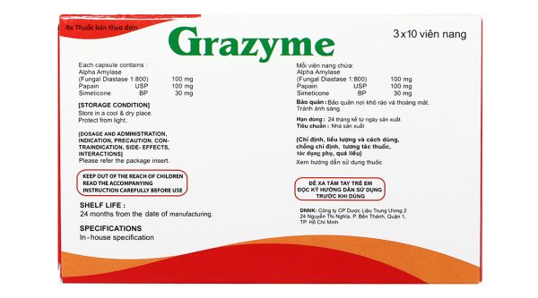 Grazyme trị đầy hơi, khó tiêu (3 vỉ x 10 viên)