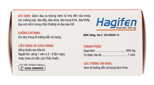Hagifen 400mg giảm đau, hạ sốt, kháng viêm (10 vỉ x 10 viên)