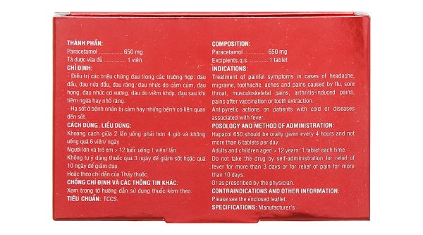 Hapacol 650 giảm đau, hạ sốt (10 vỉ x 5 viên)