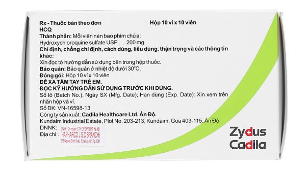 HCQ 200mg trị sốt rét cấp, lupus ban đỏ và viêm khớp dạng thấp (10 vỉ x 10 viên)