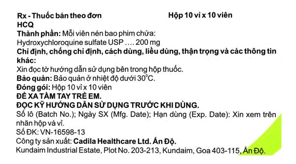 HCQ 200mg trị sốt rét cấp, lupus ban đỏ và viêm khớp dạng thấp (10 vỉ x 10 viên)