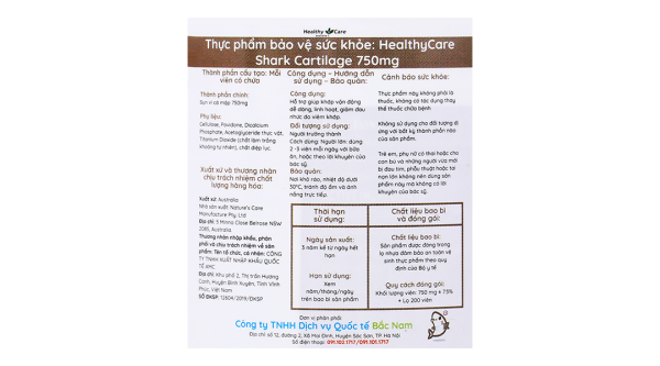 Sụn vi cá mâp Healthy Care Shark Cartilage 750mg hỗ trợ khớp lọ 200 viên