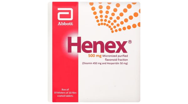 Henex 500mg trị triệu chứng suy tĩnh mạch, bệnh trĩ cấp và mạn tính (10 vỉ x 10 viên)
