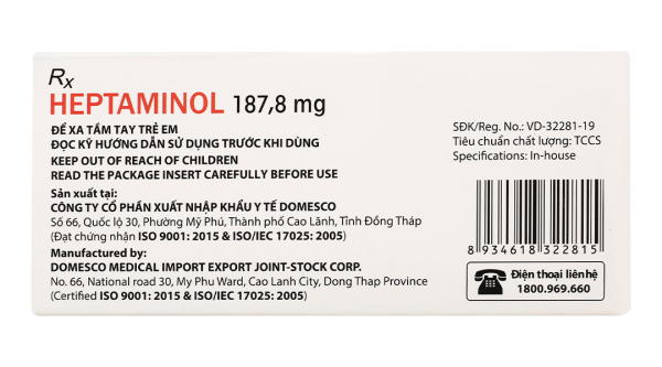 Heptaminol Domesco 187.8mg trị triệu chứng trong hạ huyết áp tư thế (2 vỉ x 10 viên)