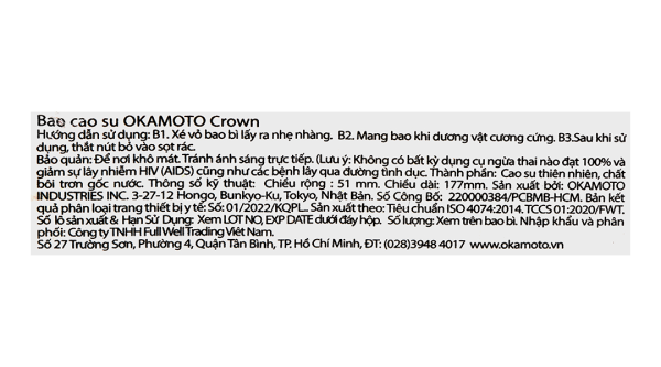 Bao cao su Okamoto Crown siêu mỏng 52mm hộp 3 cái