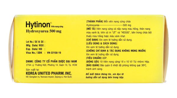 Hytinon 500mg chỉ định điều trị bạch cầu mạn tính dòng tủy (10 vỉ x 10 viên)