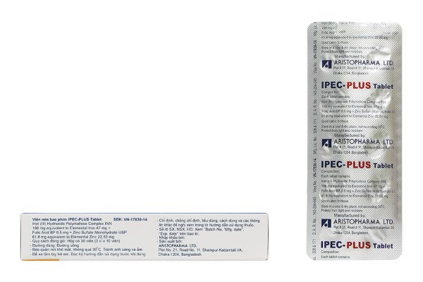 Ipec-plus Tablet phòng ngừa và trị thiếu sắt, axit folic và kẽm (3 vỉ x 10 viên)