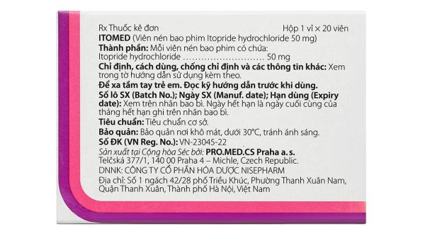 Itomed 50mg điều trị các triệu chứng trên đường tiêu hóa (1 vỉ x 20 viên)