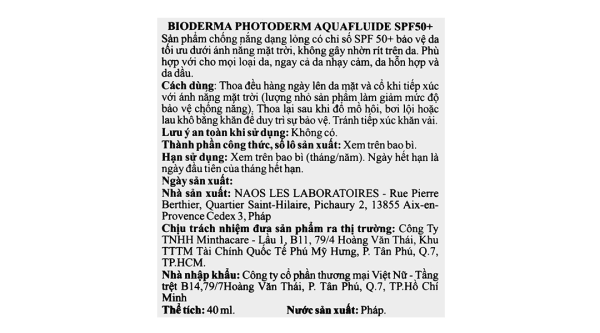 Kem chống nắng Bioderma Photoderm Aquafluide SPF50+ giảm bóng nhờn trên da tuýp 40ml