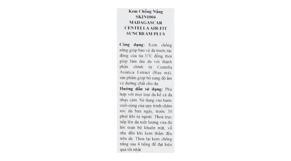 Kem chống nắng Skin1004 Madagascar Centella Air-Fit Suncream Plus làm dịu làn da tuýp 50ml