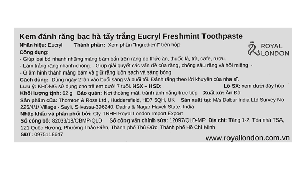 Kem đánh răng bạc hà tẩy trắng Eucryl Toothpaste ngừa sâu răng tuýp 62g