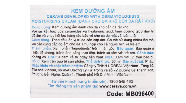 Kem dưỡng ẩm Cerave cho da khô đến rất khô chai 50ml