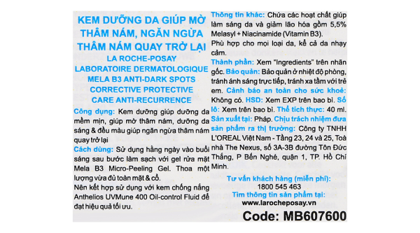 Kem dưỡng La Roche Posay Mela B3 dưỡng sáng da, mờ thâm nám tuýp 40ml