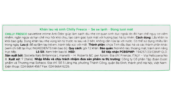 Khăn ướt vệ sinh vùng kín Chilly Fresco se lạnh, làm sạch khử mùi gói 12 miếng