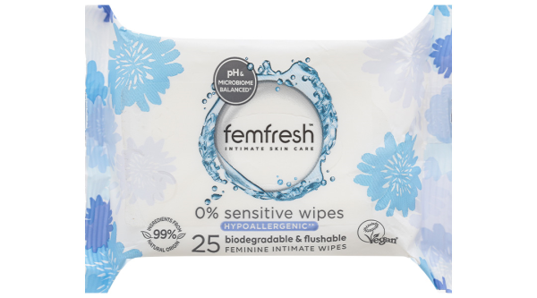 Khăn ướt vệ sinh vùng kín Femfresh Intimate Skincare 0% Sensitive cho da nhạy cảm gói 25 miếng