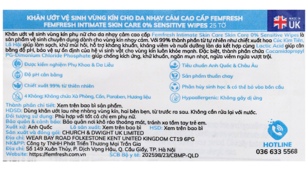 Khăn ướt vệ sinh vùng kín Femfresh Intimate Skincare 0% Sensitive cho da nhạy cảm gói 25 miếng