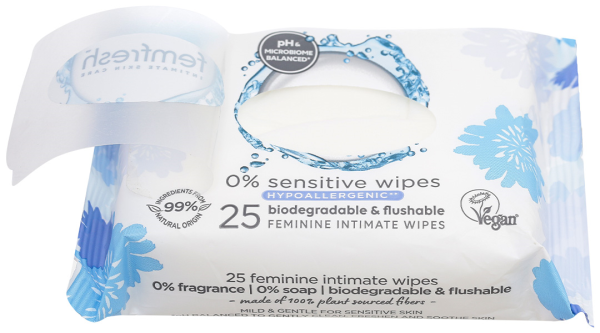 Khăn ướt vệ sinh vùng kín Femfresh Intimate Skincare 0% Sensitive cho da nhạy cảm gói 25 miếng