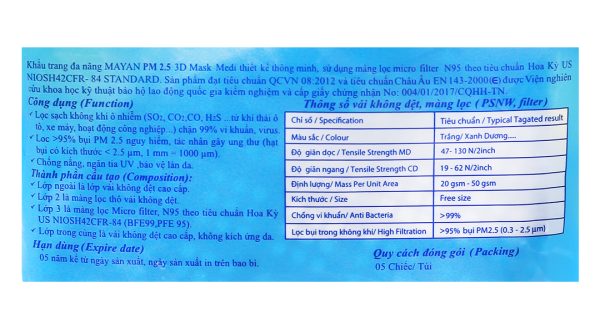 Khẩu trang y tế Mayan PM 2.5 3D Mask 4 lớp màu trắng size M gói 5 cái
