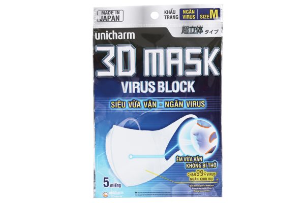 Khẩu trang y tế Unicharm 3D Mask Virus Block 3 lớp màu trắng gói 5 cái