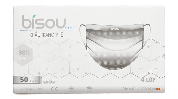 Khẩu trang y tế Bísou 4 lớp màu xám hộp 50 cái