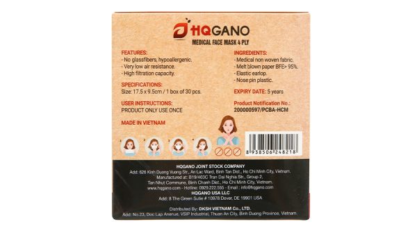 Khẩu trang y tế HQGano 4 lớp màu trắng hộp 30 cái