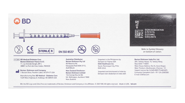 Bơm kim tiêm Insulin BD Ultra-Fine II 30G x 8mm (1ml/100U) hộp 100 cái