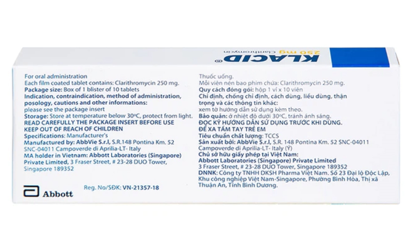 Klacid 250mg trị viêm amidan, viêm tai giữa (1 vỉ x 10 viên)