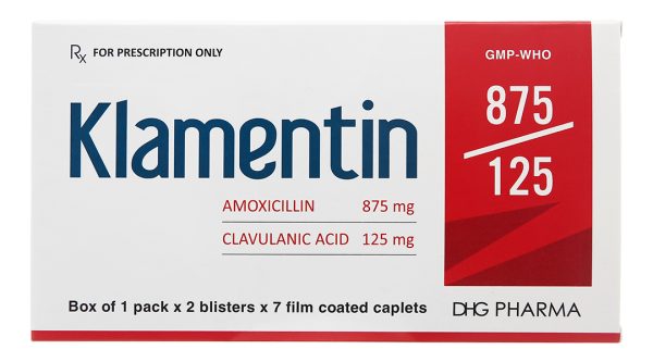 Klamentin 875/125 trị nhiễm khuẩn đường hô hấp trên và dưới (2 vỉ x 7 viên)