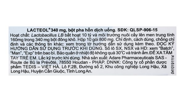 Bột pha hỗn dịch uống Lactéol 340mg trị tiêu chảy (10 gói x 800mg)