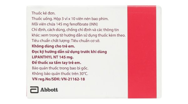 Lipanthyl NT 145mg Abbott trị tăng Cholesterol máu, giảm tiến triển bệnh võng mạc đái tháo đường (3 vỉ x 10 viên)