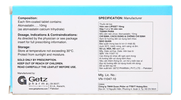 Lipiget 10mg trị rối loạn mỡ máu (1 vỉ x 10 viên)