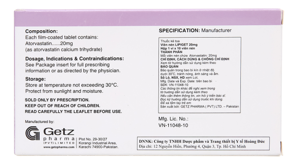 Lipiget 20mg giúp làm giảm cholesterol toàn phần (1 vỉ x 10 viên)