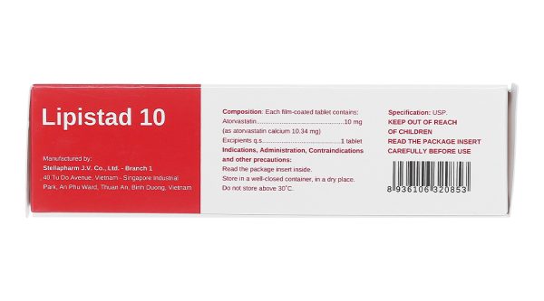 Lipistad 10 trị rối loạn mỡ máu (3 vỉ x 10 viên)