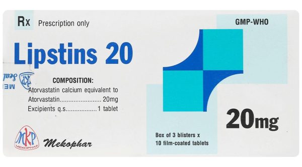 Lipstins 20 trị tăng cholesterol máu và dự phòng biến chứng tim mạch (3 vỉ x 10 viên)