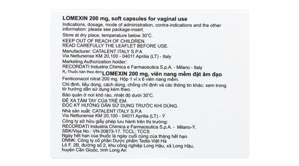 Viên đặt âm đạo Lomexin 200mg trị nhiễm nấm Candida âm hộ - âm đạo (1 vỉ x 6 viên)