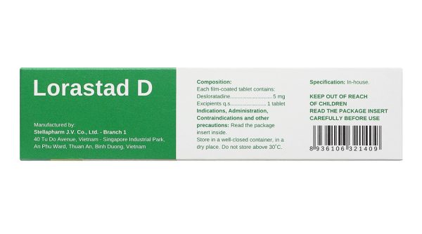 Lorastad D 5mg giảm triệu chứng viêm mũi dị ứng, mày đay (3 vỉ x 10 viên)