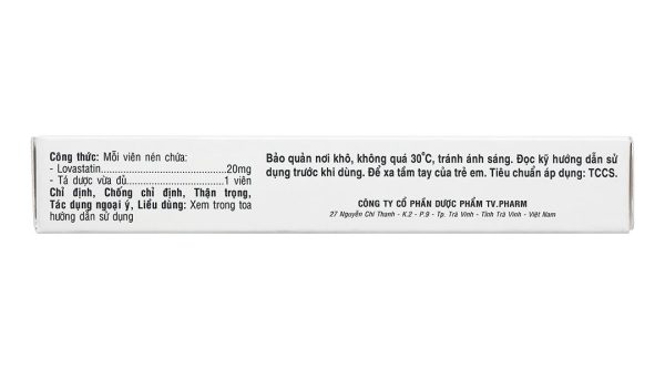 Lovastatin TV Pharm 20mg phòng ngừa biến cố tim mạch, rối loạn lipid (3 vỉ x 10 viên)