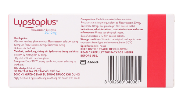 Lypstaplus 20/10mg điều trị tăng cholesterol máu nguyên phát (3 vỉ x 10 viên)