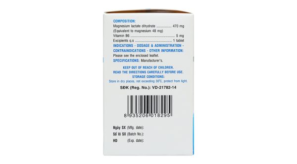 Magnesi-B6 điều trị thếu magnesi và vitamin B6 (10 vỉ x 10 viên)
