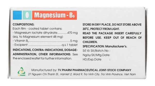 Magnesium - B6 TV.Pharm làm giảm các triệu chứng thiếu hụt magnesi (10 vỉ x 10 viên)