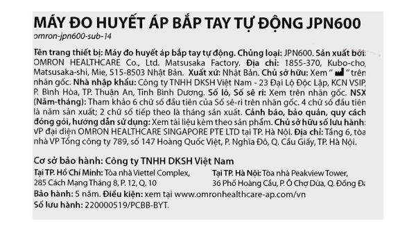 Máy đo huyết áp bắp tay OMRON JPN 600