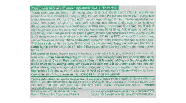 Hotchland Optimum Dim + BioPerine cân bằng nội tiết tố nữ hộp 30 viên