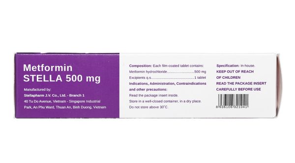 Metformin Stella 500mg trị đái tháo đường (3 vỉ x 10 viên)