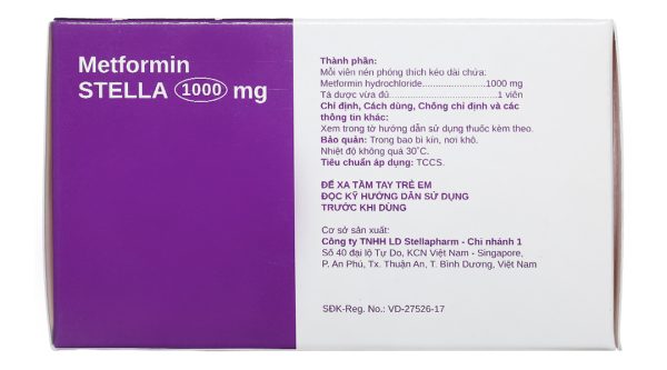 Metformin Stella 1000mg trị đái tháo đường tuýp 2 (6 vỉ x 10 viên)