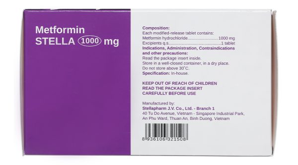 Metformin Stella 1000mg trị đái tháo đường tuýp 2 (6 vỉ x 10 viên)