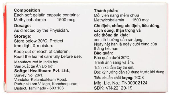 Methylcobalamin Capsules 1500mcg điều trị bệnh lý thần kinh ngoại biên (3 vỉ x 10 viên)
