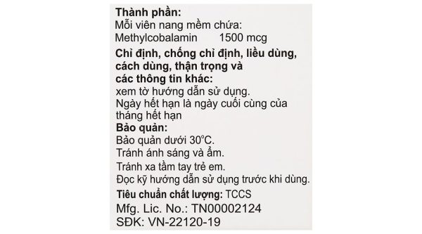 Methylcobalamin Capsules 1500mcg điều trị bệnh lý thần kinh ngoại biên (3 vỉ x 10 viên)