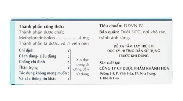Methylprednisolon 4 Khapharco chống viêm, ức chế miễn dịch (10 vỉ x 10 viên)