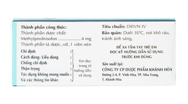 Methylprednisolon 4 Khapharco chống viêm, ức chế miễn dịch (10 vỉ x 10 viên)